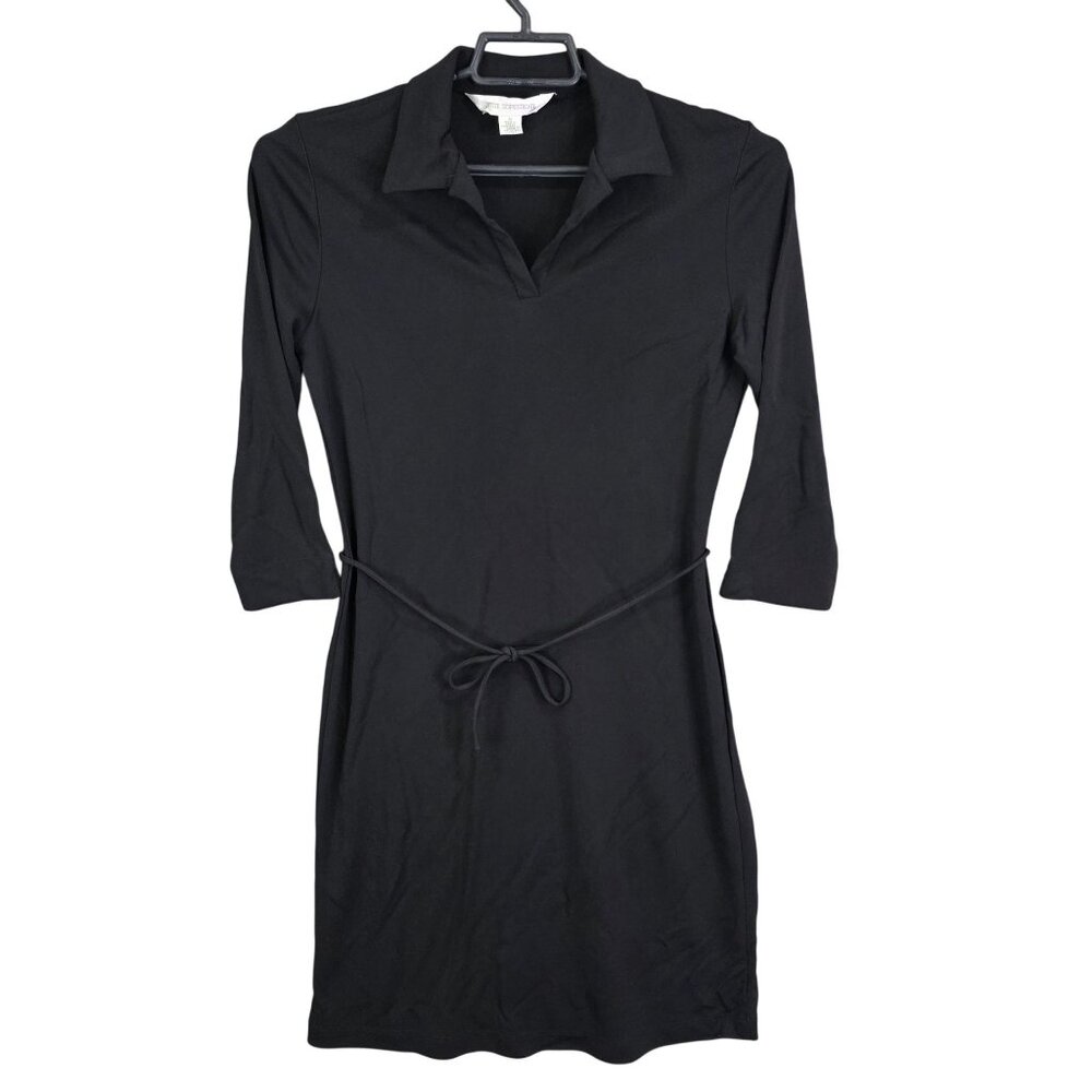 Womens Petite Sophisticate Black Collared Dress 3/4 Sleeve Belted Rayon Blend S